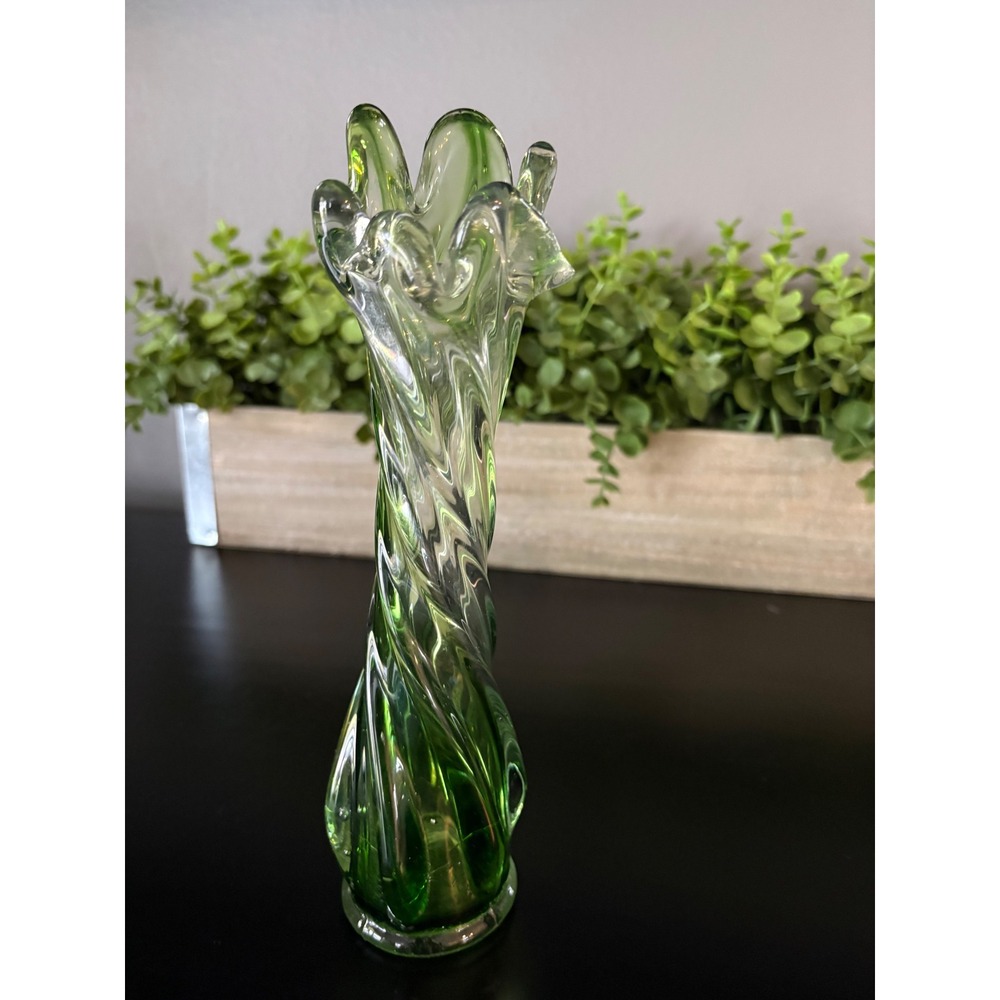 Vintage Swung Glass Bud Vase Emerald Green Twisted Rib Mid Century Modern 9 inch